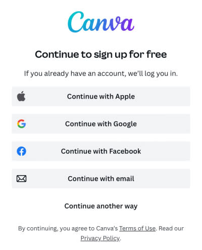 Canva signup/ log in page