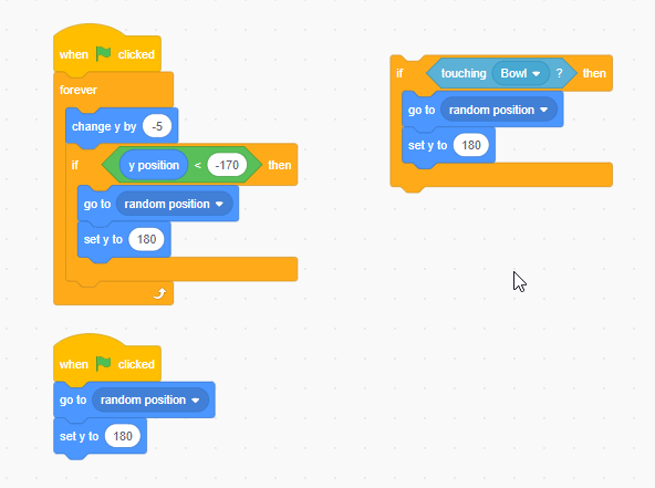 Drag & drop “go to random position” and “set y to” blocks