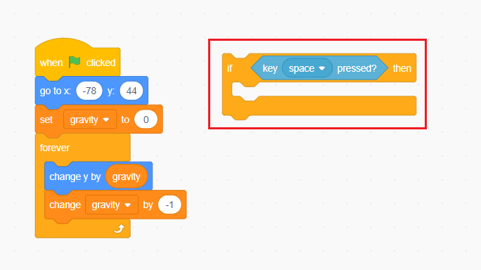 Drag & drop the “if-then” and “key space pressed? then” block