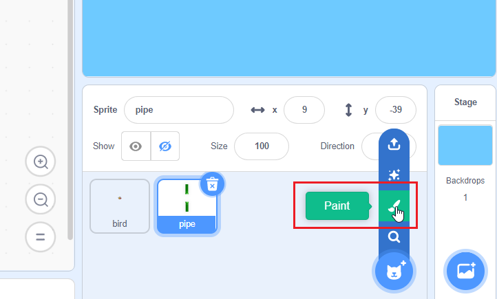 Click on the sprite’s “Paint”