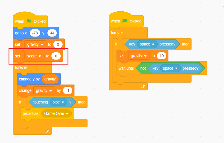 Drag & drop “set score to” block