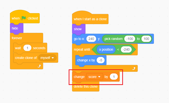 Drag & drop the “change score by” block