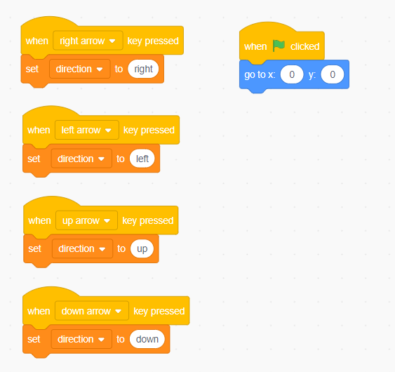 Drag & drop “when key pressed” and “set direction to” blocks