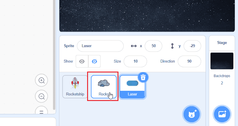 Click on the “Rocks” sprite