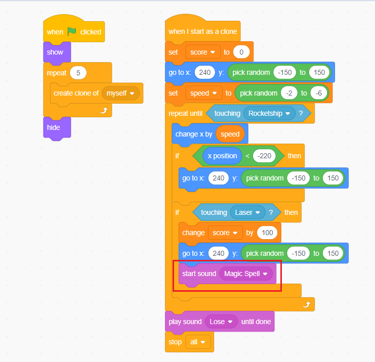 Drag & drop the “start sound Magic Spell” block