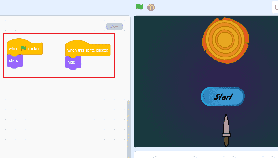 Drag & drop "when the green button clicked", "when this sprite clicked", "show" and "hide" blocks