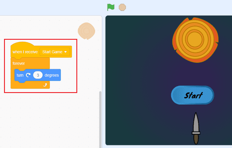 Drag & drop "when I receive Start Game", "forever" and "turn degrees" blocks