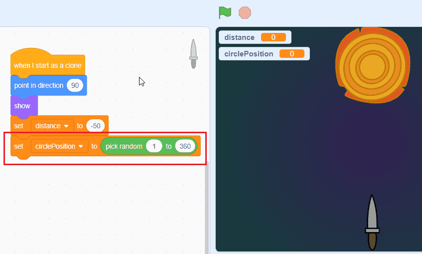  "pick random to" block and set the value from 1 to 360