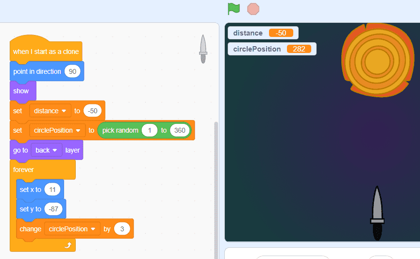 Click on the “Variables” and drag & drop the “change circle position by” block