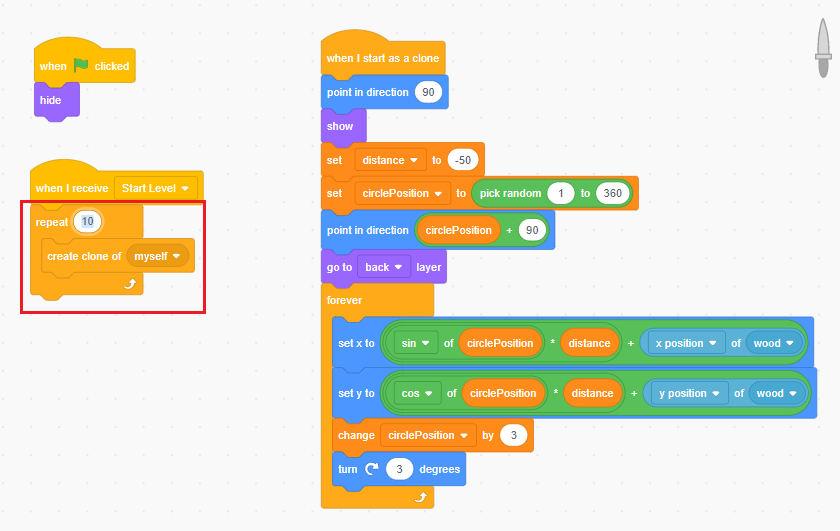 Drag & drop the “repeat” and the “create clone of myself” blocks