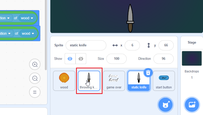 Click on the “throwing knife” sprite