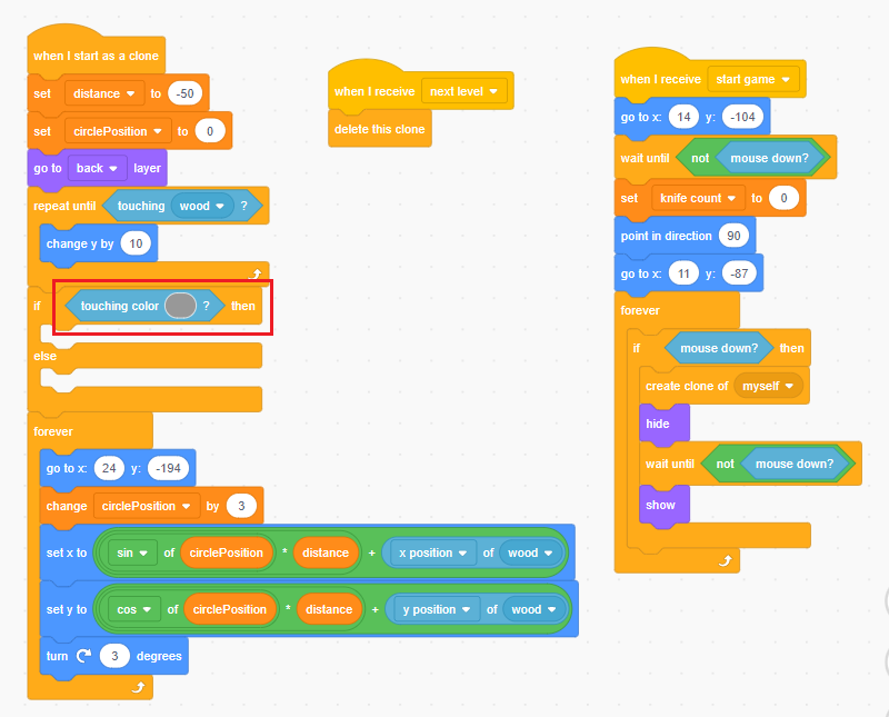 Drag & drop “if-then-else” and “touching color” blocks