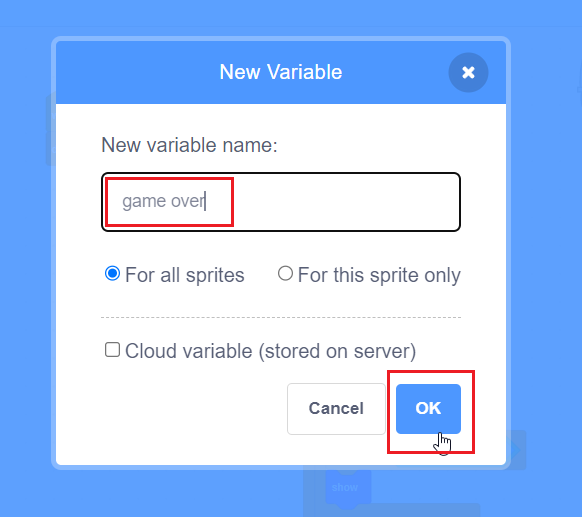 name the new variable "Game Over" 